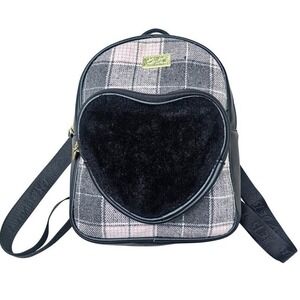 Betsy Johnson Like New Small Backpack.  Fuzzy Heart Pocket with Flannel Front